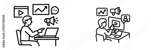 Digital marketing strategies being discussed by two professionals at their desks with laptops and visuals on the screen