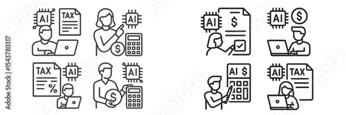 Illustration of professionals working on tax calculations using technology in an office setting