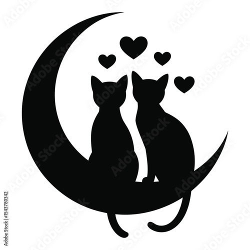 Two Black Cat Silhouettes Sitting Together on a Crescent Moon with Small Hearts Floating Above