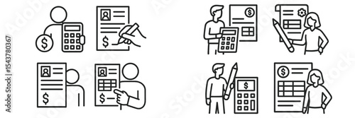 Business professionals analyzing financial documents and calculations in a modern office setting during the daytime