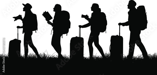 Silhouette of travelers with luggage and backpacks walking on grass field