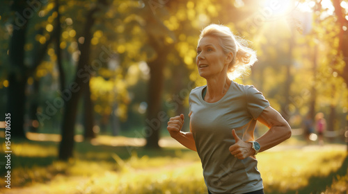 Adult woman jogging in sunny park