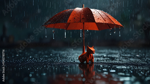 Wallpaper Mural Origami Cat Under Red Umbrella Rain Torontodigital.ca