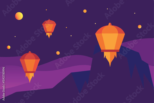 Illustration of floating lanterns ascending into a vibrant purple night sky.