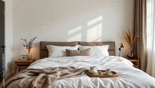 a modern bedroom with two large beds placed side by side in front of a window with light colored curtains, creating an inviting space for relaxation.