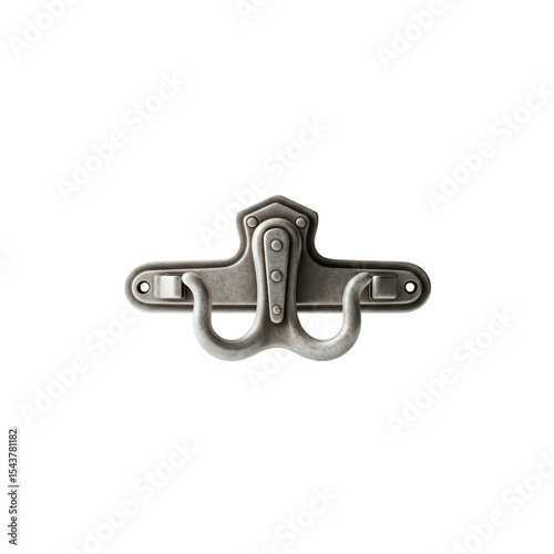 A hanging vintage suitcase hook design, floating in mid air horizontally on a solid white background