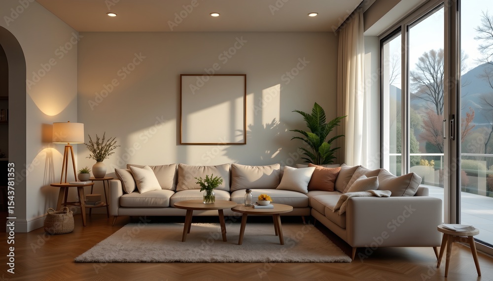 Fototapeta premium a spacious and modern living room with large windows that let in natural light