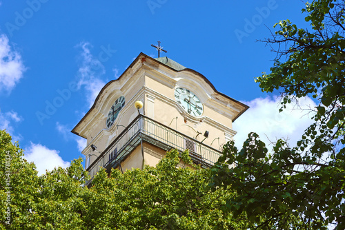 Bell tower of gothic St. Egidius church - Kostol svateho Egidia - at the St. Egidius square in Poprad, Slovakia