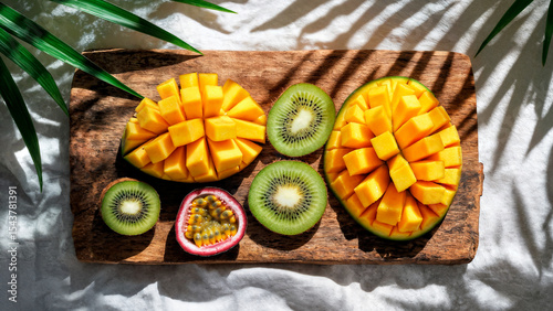 Flat-lay of sliced mango, kiwi, and passion fruit arranged aesthetically on a rustic wooden board. High quality photo