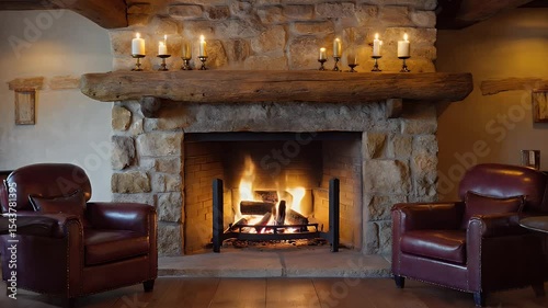 Cozy fireplace scene with two leather armchairs and a rustic stone mantelpiece
