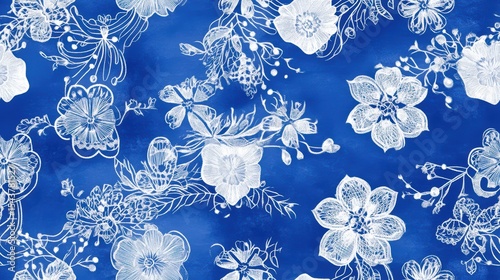Vibrant Floral Seamless Pattern Featuring Delicate White Flowers on Rich Blue Background, Enhancing Nature's Beauty with Artistic Elegance
