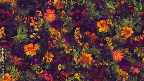 Vibrant Floral Seamless Pattern Featuring Diverse Blossoms And Leaves, Capturing Nature's Beauty In A Rich Color Palette