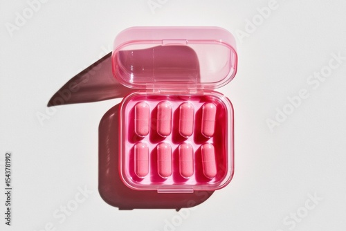 Pink capsules neatly arranged in a transparent pink pillbox casting a shadow on a white surface.