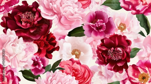 Vibrant Floral Seamless Pattern Featuring Elegant Peonies and Roses, Capturing Natural Beauty in a Rich and Colorful Botanical Design