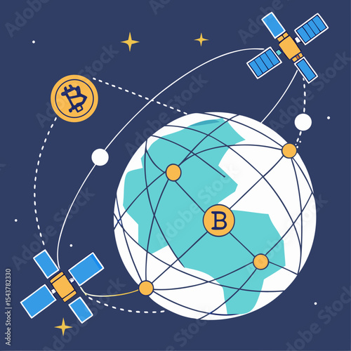 Global Bitcoin Network Illustration – Satellite & Cryptocurrency Concept