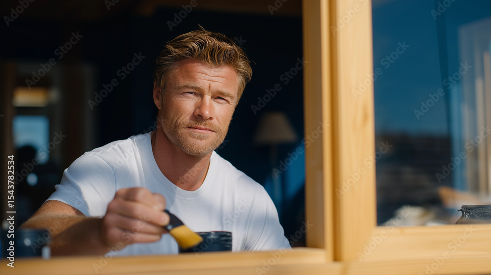 Fototapeta premium Carpenter Staining Door with Brush and Natural Light