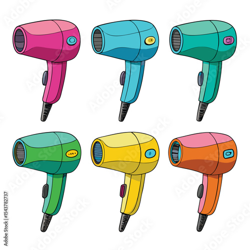 Six blow dryer set isolated on white background