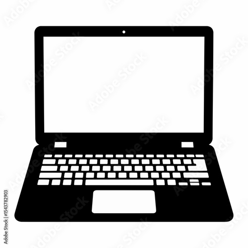 This high-quality vector graphic features a solid black minimalist laptop icon with a white screen, keyboard, and trackpad, emphasizing clean design and fine details.