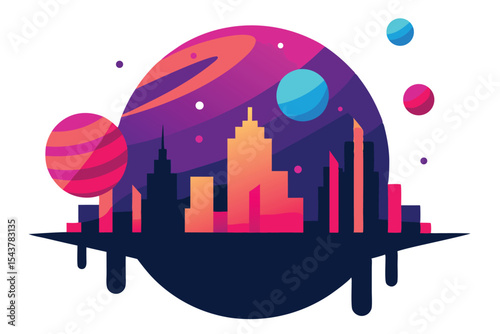 Colorful graphic design of a futuristic city nestled within a cosmic backdrop.