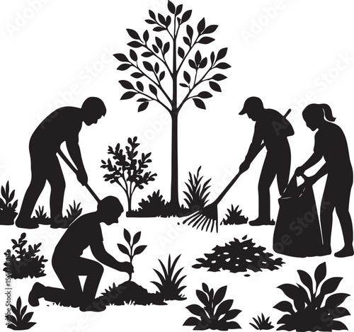 World Cleanup Day Celebration, Silhouette of Community Volunteers Gardening And Cleaning