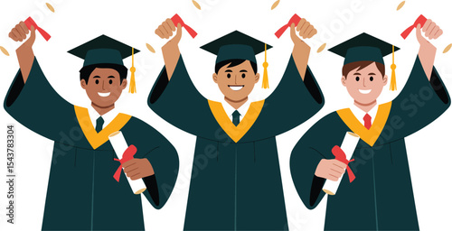 Three graduates in gowns and caps holding diplomas up in the air celebrating