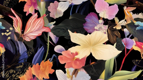 Vibrant Floral Seamless Pattern Featuring Exotic Flowers and Lush Leaves, Capturing Nature's Beauty in a Artistic Style on a Rich Black Background