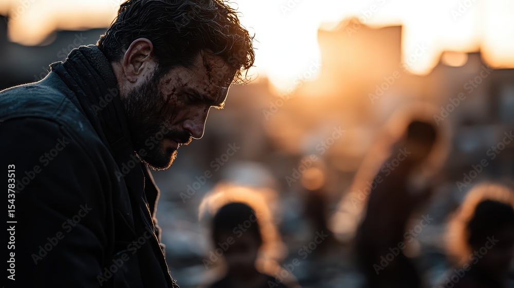 Naklejka premium A contemplative man stands in a desolate environment, showcasing emotions of struggle and resilience against a sunset backdrop, representing the human spirit's endurance.