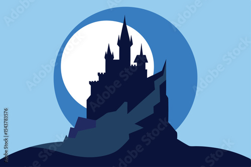 Silhouette of a majestic castle perched atop a hill, bathed in the ethereal glow of a large moon.