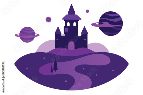 A whimsical purple castle sits atop a hill, overlooking a winding river, under a fantastical, planetary sky.