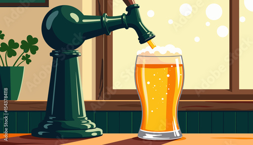 Beer tap pouring golden beer into glasses in pub, leisure and travel concept.