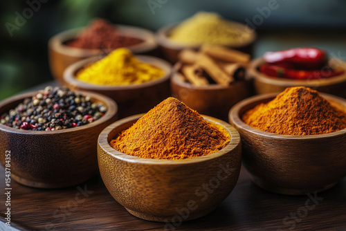 A colorful display of aromatic spices in wooden bowls, including turmeric, pepper, cinnamon, and chili, highlighting vibrant textures and rich flavors used in traditional and exotic cuisines