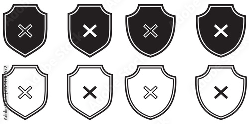 Shield icons set. Rejected shield with cross icon.  Shield with cross. Shield cross, rejected, no Symbol. crosses marks icon. 