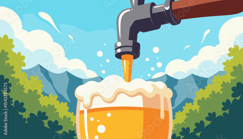 Beer pouring from a tap into a glass while relaxing in nature surrounded by mountains and trees. Concept of Leisure and Travel  