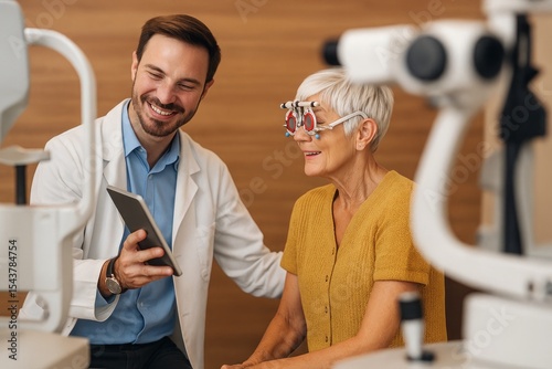 Friendly Optometrist Using Tablet Shows Senior Woman Eye Exam Results Happy Patient Doctor Healthcare Vision Test Medical Technology Ophthalmology Clinic Eye Care Professional Modern Equipment Digital