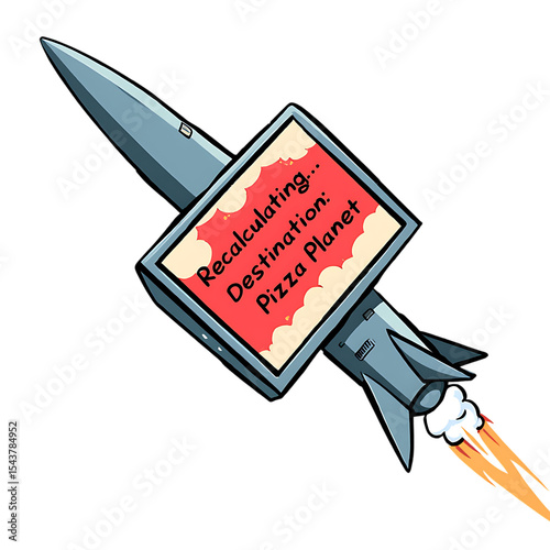 Pizza Planet Recalculating Destination - A Humorous Rocket Illustration
