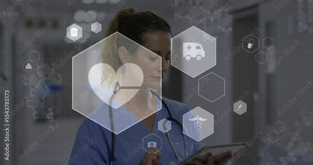 Healthcare professional tapping tablet in hospital corridor, monitoring pulsing medical icons