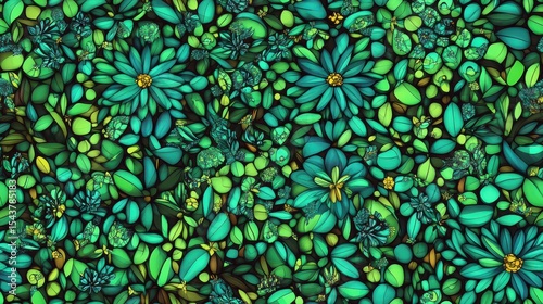 Vibrant Floral Seamless Pattern Featuring Lush Green Leaves And Bold Blue Flowers In A Botanical Garden Setting With Colorful Elements