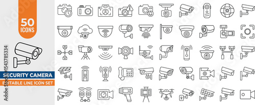 50 Security Camera & Surveillance Icons – Vector Line Set for CCTV, Monitoring & Protection. Editable Stroke. Vector illustration.