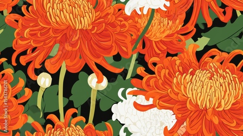 Vibrant Floral Seamless Pattern Featuring Striking Orange Chrysanthemums and White Petals Set Against a Bold Black Background with Lush Green Foliage
