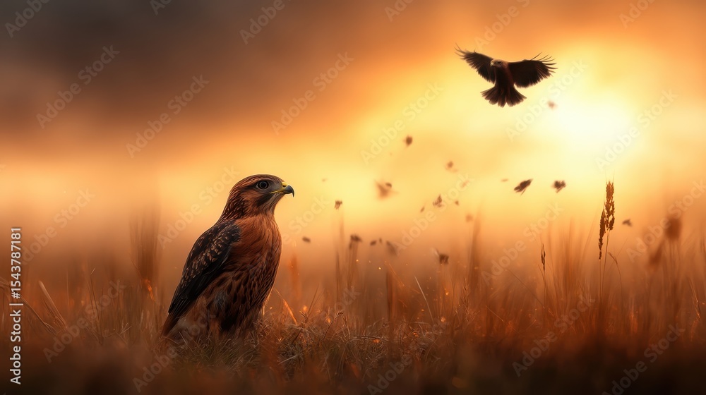 Fototapeta premium A striking hawk perches elegantly in a golden field, silhouetted against a dramatic sunset, symbolizing freedom, strength, and the beauty of nature's majestic creatures.