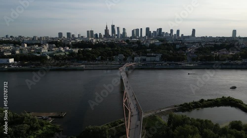 panoramic view of warsaw skyline and new vistula footbridge