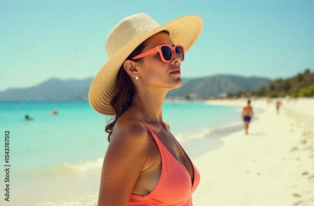 portrait of a woman in a hat on the background of a beach with snow-white sand and blue water. tourism. rest. the sun. protection from the sun. Tan portrait of a woman in a hat on the background of a beach with snow-white sand and blue water. tourism. rest. the sun. protection from the sun. Tan