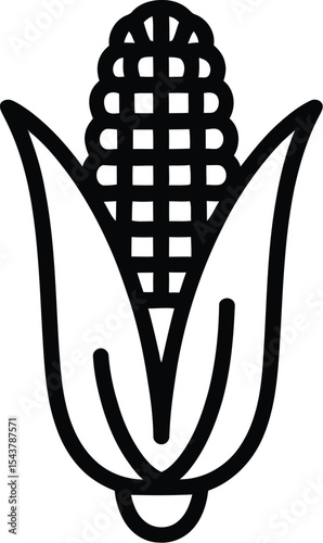 A minimalist line drawing of an ear of corn with husks on a white background