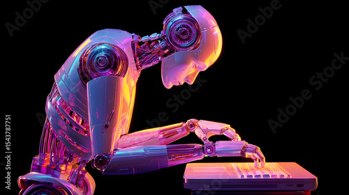 Advanced humanoid AI robot typing on a holographic computer