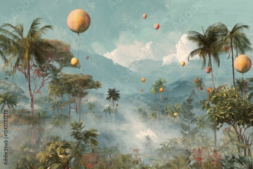 A dreamlike tropical landscape where mangoes drift softly like helium balloons, weightless and ethereal