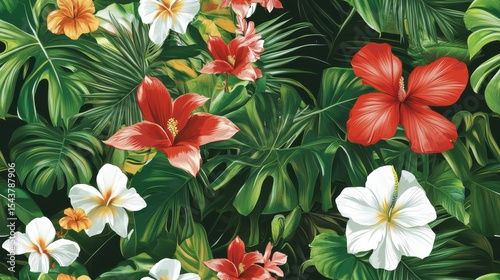 Vibrant Floral Seamless Pattern Featuring Tropical Flowers and Lush Greenery, Capturing Nature's Beauty in a Lush Jungle Setting