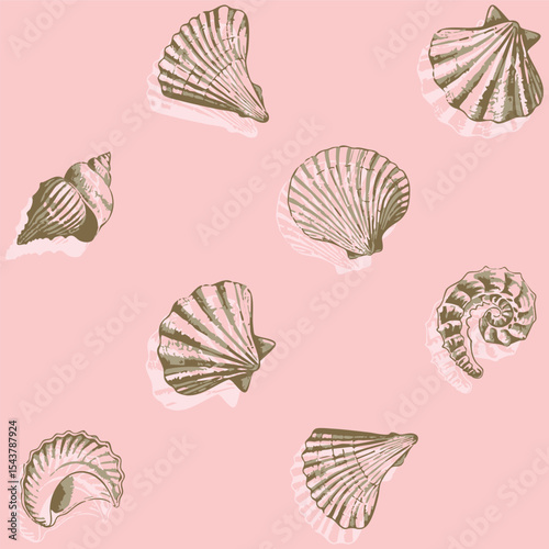 Modern, hand drawn nautical vector seamless pattern. Pastel sea shell pattern ideas for background, textile, home decor, banner, template, business, carpet and rugs.
