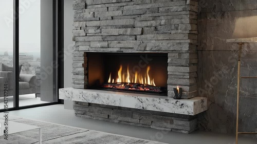 A modern fireplace with stone surround, creating a warm and inviting atmosphere, The flames dance in the hearth, adding to the cozy ambiance