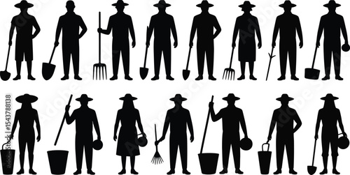 Silhouette of farmers with gardening tools arranged in a row on white background