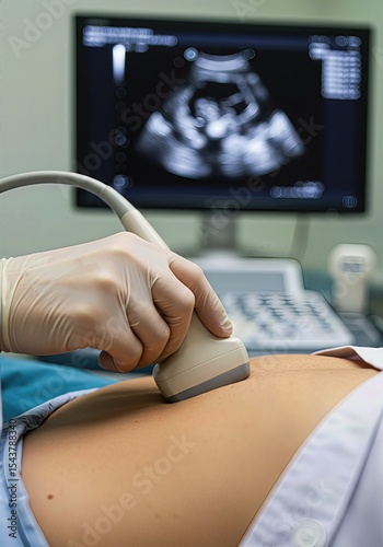 Doctor performs a prenatal ultrasound scan on a pregnant woman's belly. Obstetrician examining a fetus with a sonogram in a hospital clinic. Maternity and healthcare concept.